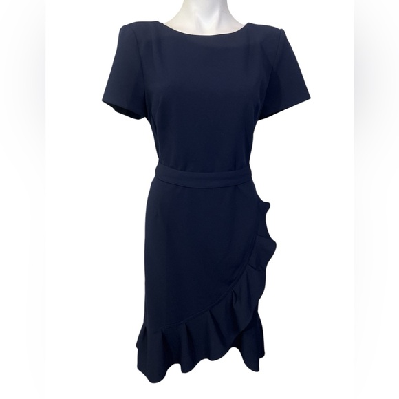 Calvin Klein dress 12 navy blue ruffle tie-waist knee length office career -5 - Picture 2 of 6